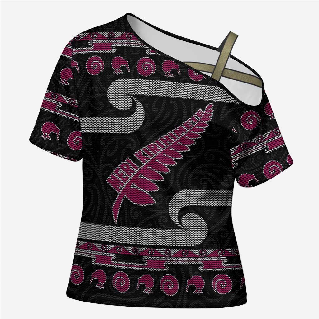New Zealand Christmas Cross Shoulder Shirt Meri Kirihimete Silver Fern Knit Style Pink Color - Polynesian Pride