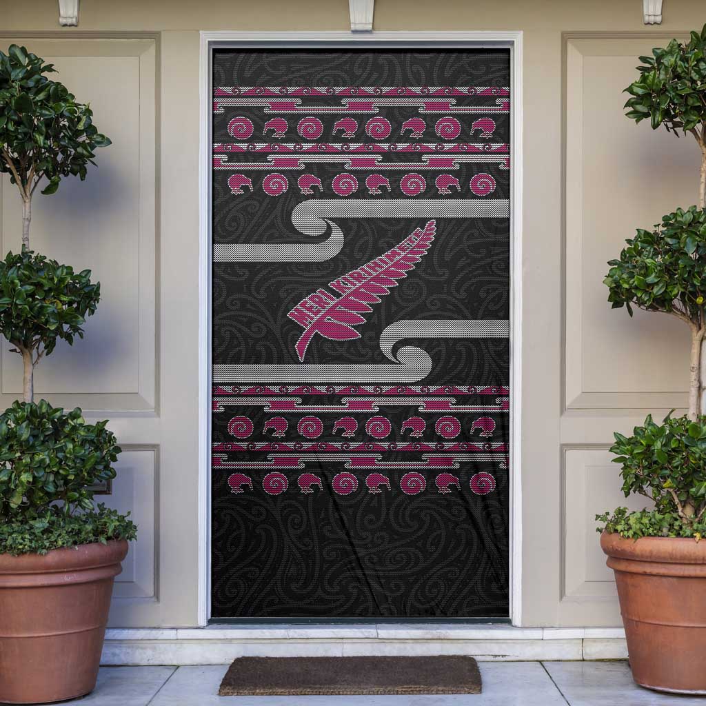 New Zealand Christmas Door Cover Meri Kirihimete Silver Fern Knit Style Pink Color - Polynesian Pride