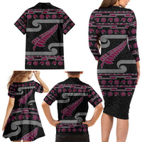 New Zealand Christmas Family Matching Long Sleeve Bodycon Dress and Hawaiian Shirt Meri Kirihimete Silver Fern Knit Style Pink Color - Polynesian Pride