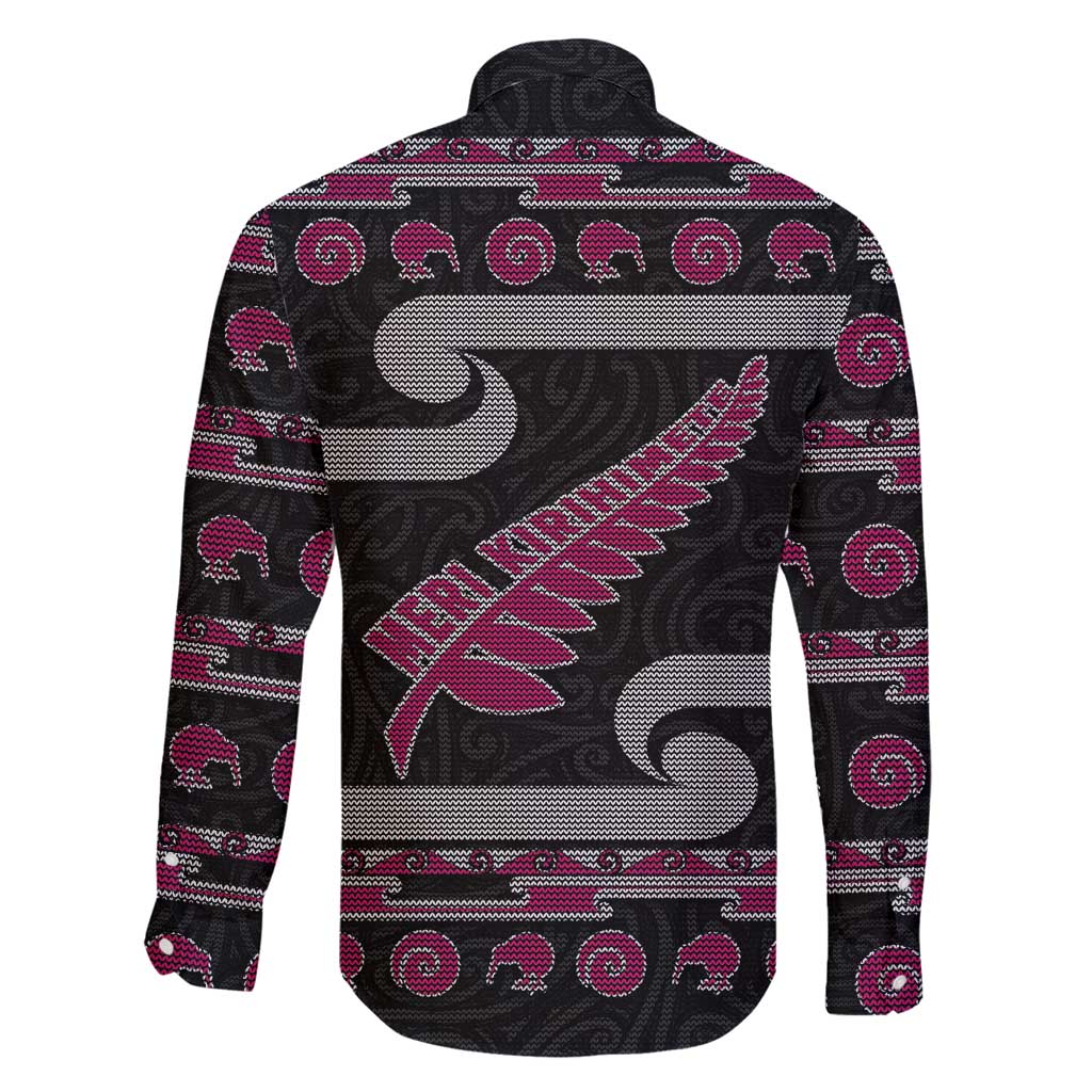 New Zealand Christmas Family Matching Long Sleeve Bodycon Dress and Hawaiian Shirt Meri Kirihimete Silver Fern Knit Style Pink Color - Polynesian Pride