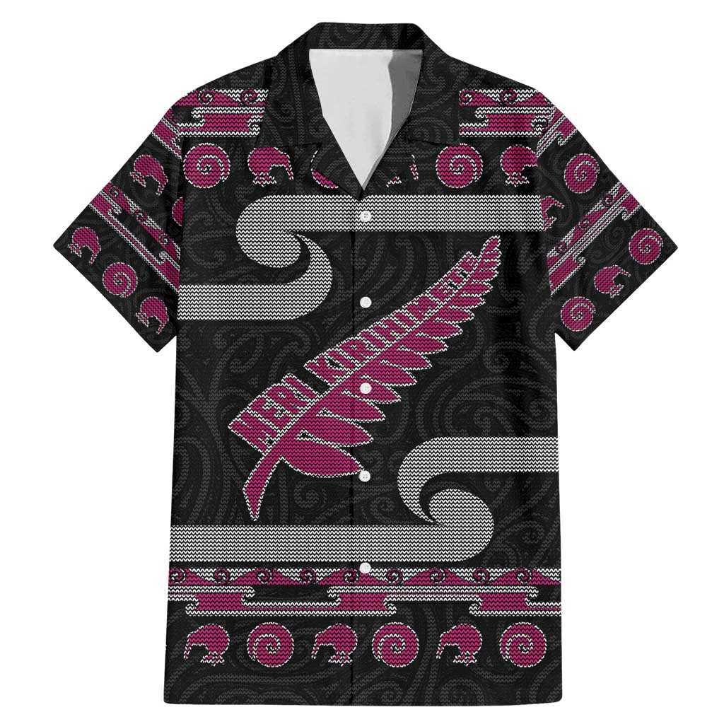 New Zealand Christmas Family Matching Mermaid Dress and Hawaiian Shirt Meri Kirihimete Silver Fern Knit Style Pink Color - Polynesian Pride