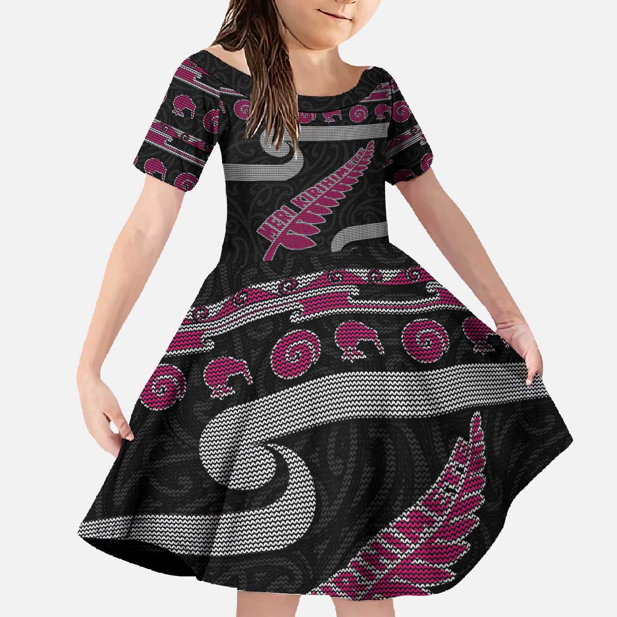 New Zealand Christmas Family Matching Off The Shoulder Long Sleeve Dress and Hawaiian Shirt Meri Kirihimete Silver Fern Knit Style Pink Color - Polynesian Pride