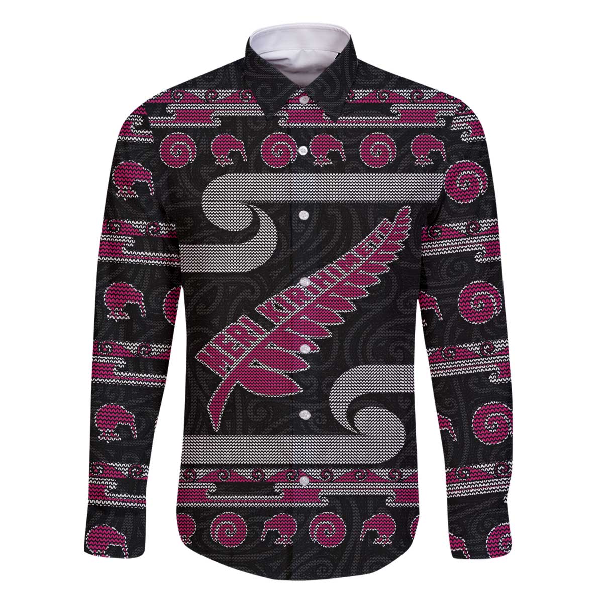 New Zealand Christmas Family Matching Off The Shoulder Long Sleeve Dress and Hawaiian Shirt Meri Kirihimete Silver Fern Knit Style Pink Color - Polynesian Pride
