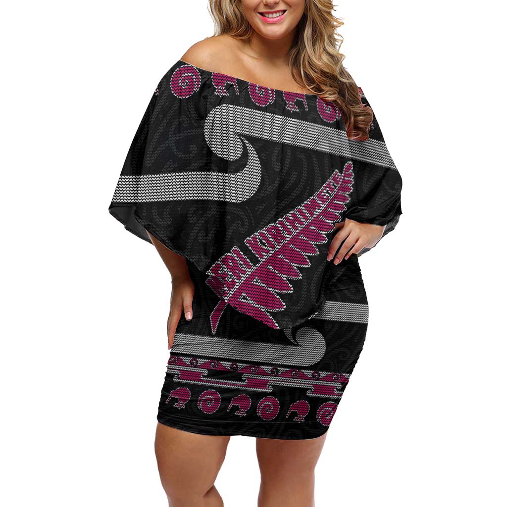 New Zealand Christmas Family Matching Off Shoulder Short Dress and Hawaiian Shirt Meri Kirihimete Silver Fern Knit Style Pink Color - Polynesian Pride