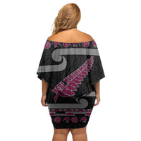 New Zealand Christmas Family Matching Off Shoulder Short Dress and Hawaiian Shirt Meri Kirihimete Silver Fern Knit Style Pink Color - Polynesian Pride