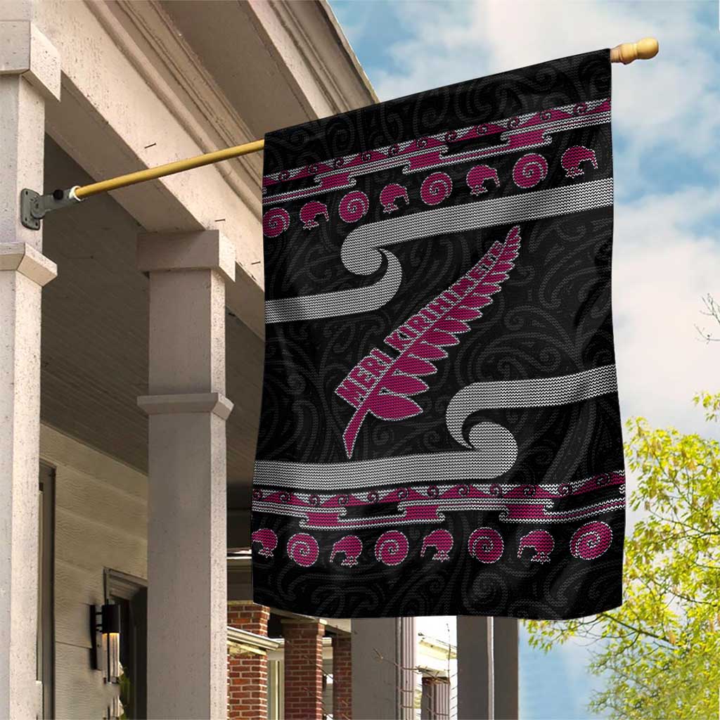 New Zealand Christmas Garden Flag Meri Kirihimete Silver Fern Knit Style Pink Color - Polynesian Pride