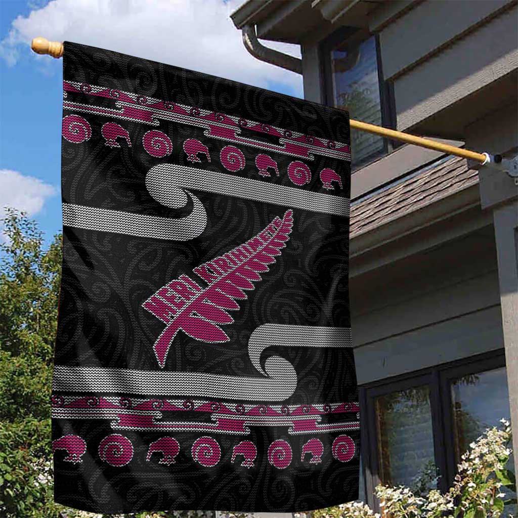 New Zealand Christmas Garden Flag Meri Kirihimete Silver Fern Knit Style Pink Color - Polynesian Pride