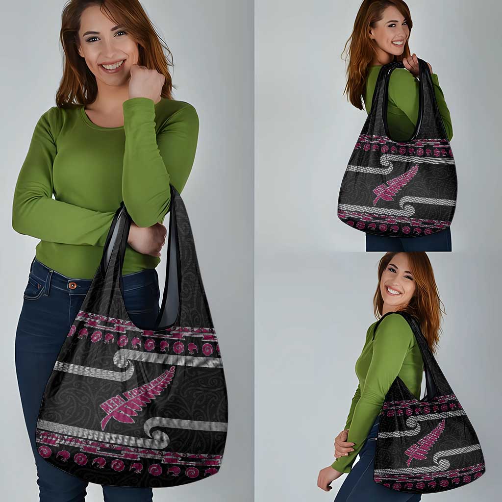 New Zealand Christmas Grocery Bag Meri Kirihimete Silver Fern Knit Style Pink Color - Polynesian Pride