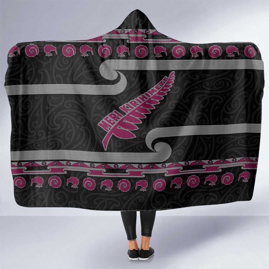 New Zealand Christmas Hooded Blanket Meri Kirihimete Silver Fern Knit Style Pink Color - Polynesian Pride