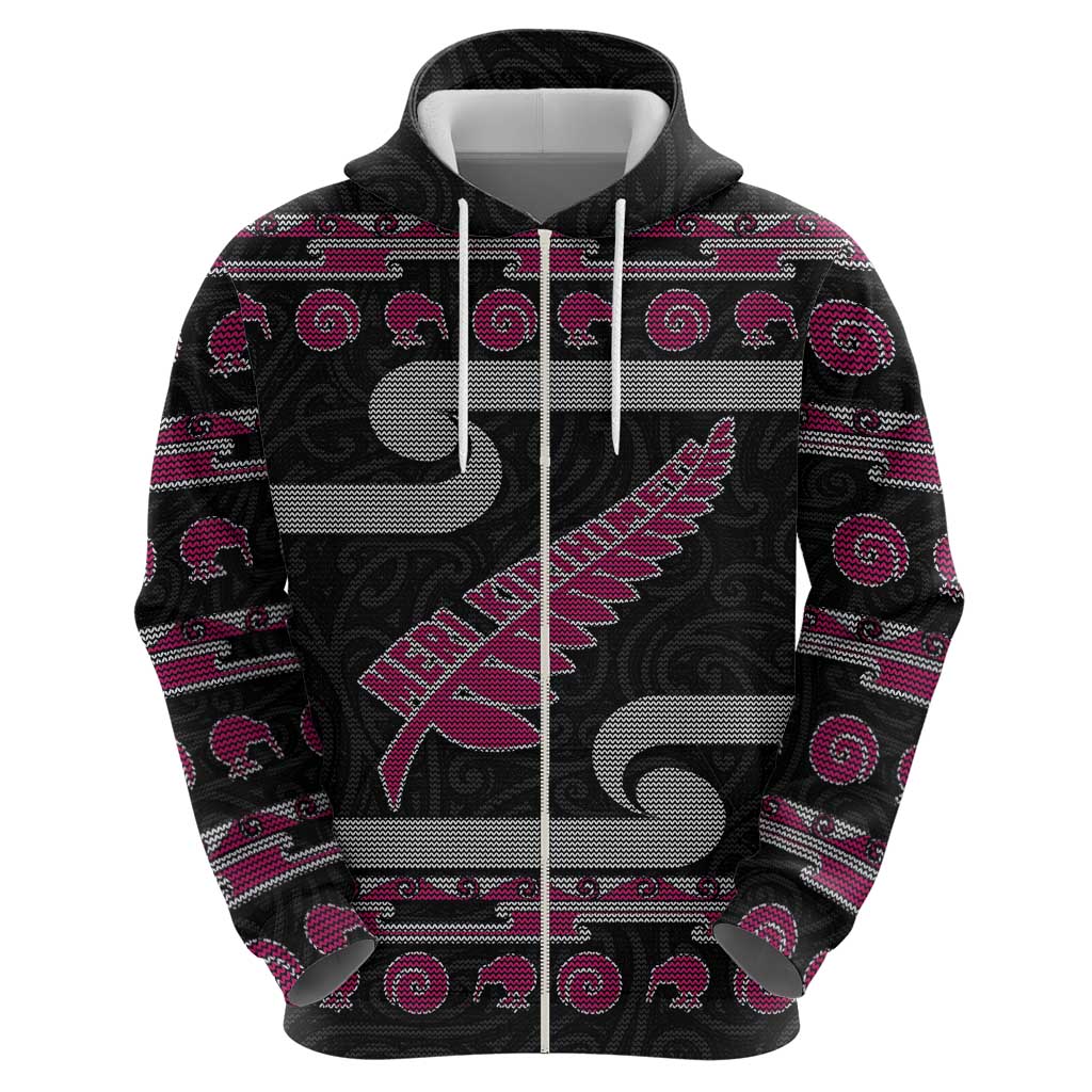 New Zealand Christmas Hoodie Meri Kirihimete Silver Fern Knit Style Pink Color - Polynesian Pride
