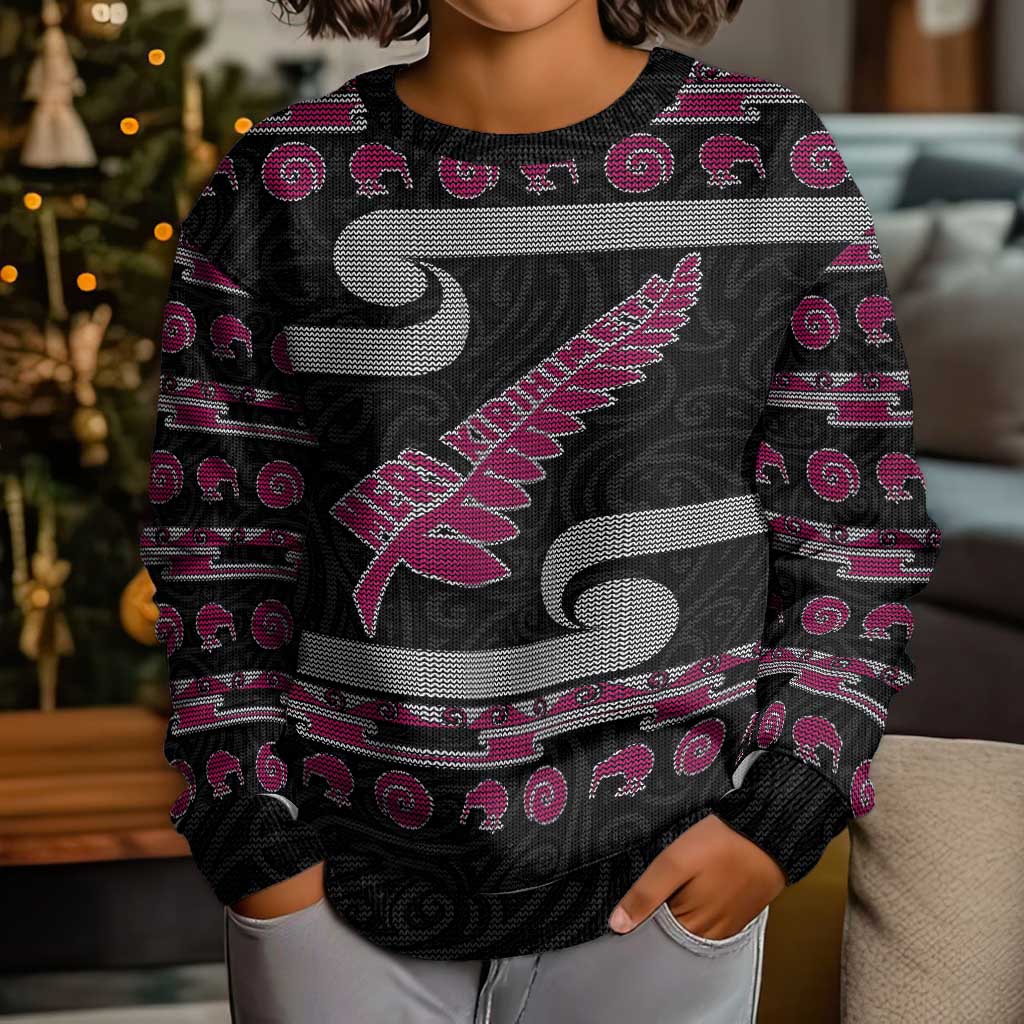New Zealand Christmas Kid Ugly Christmas Sweater Meri Kirihimete Silver Fern Knit Style Pink Color - Polynesian Pride