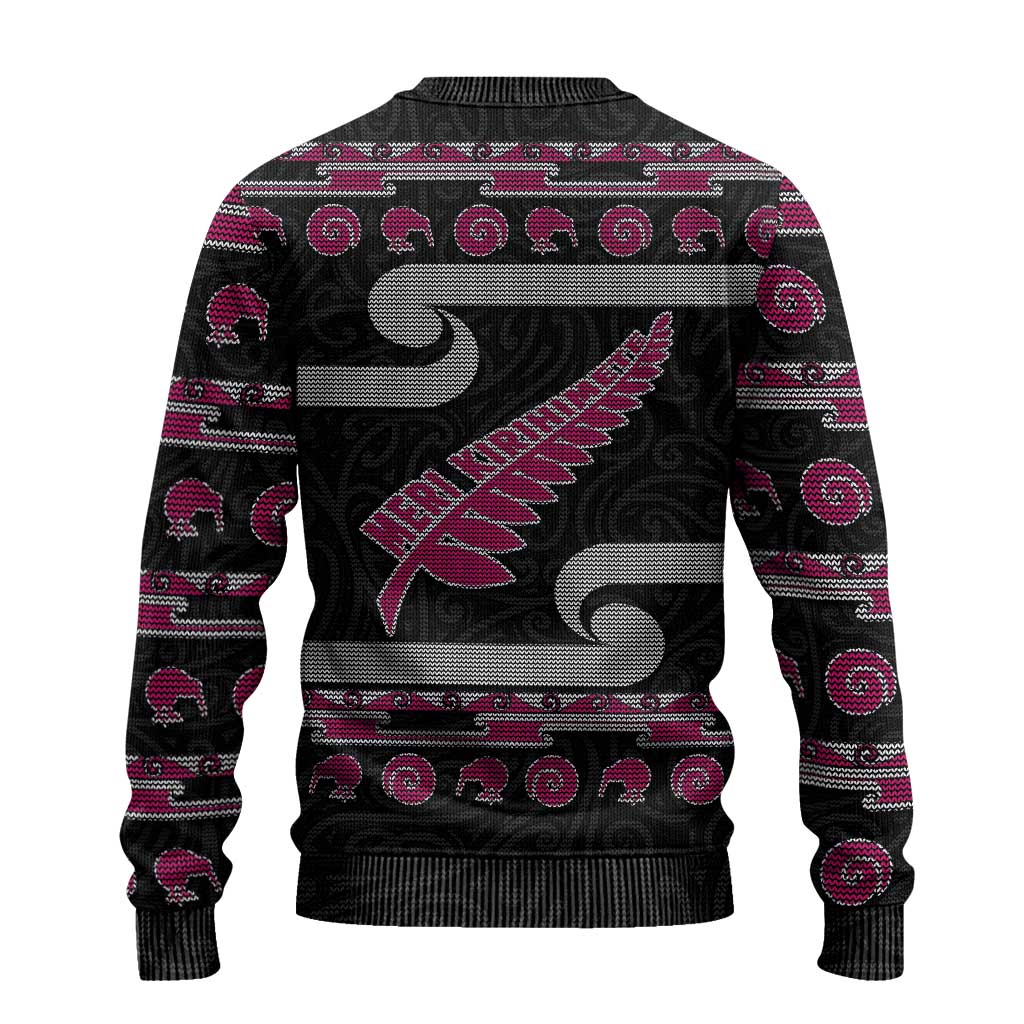 New Zealand Christmas Ugly Christmas Sweater Meri Kirihimete Silver Fern Knit Style Pink Color - Polynesian Pride