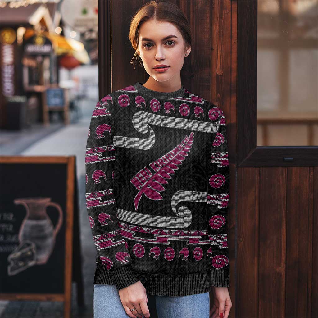 New Zealand Christmas Ugly Christmas Sweater Meri Kirihimete Silver Fern Knit Style Pink Color - Polynesian Pride