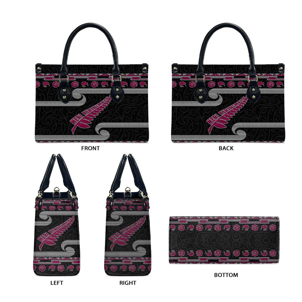 New Zealand Christmas Leather Bag Meri Kirihimete Silver Fern Knit Style Pink Color - Polynesian Pride
