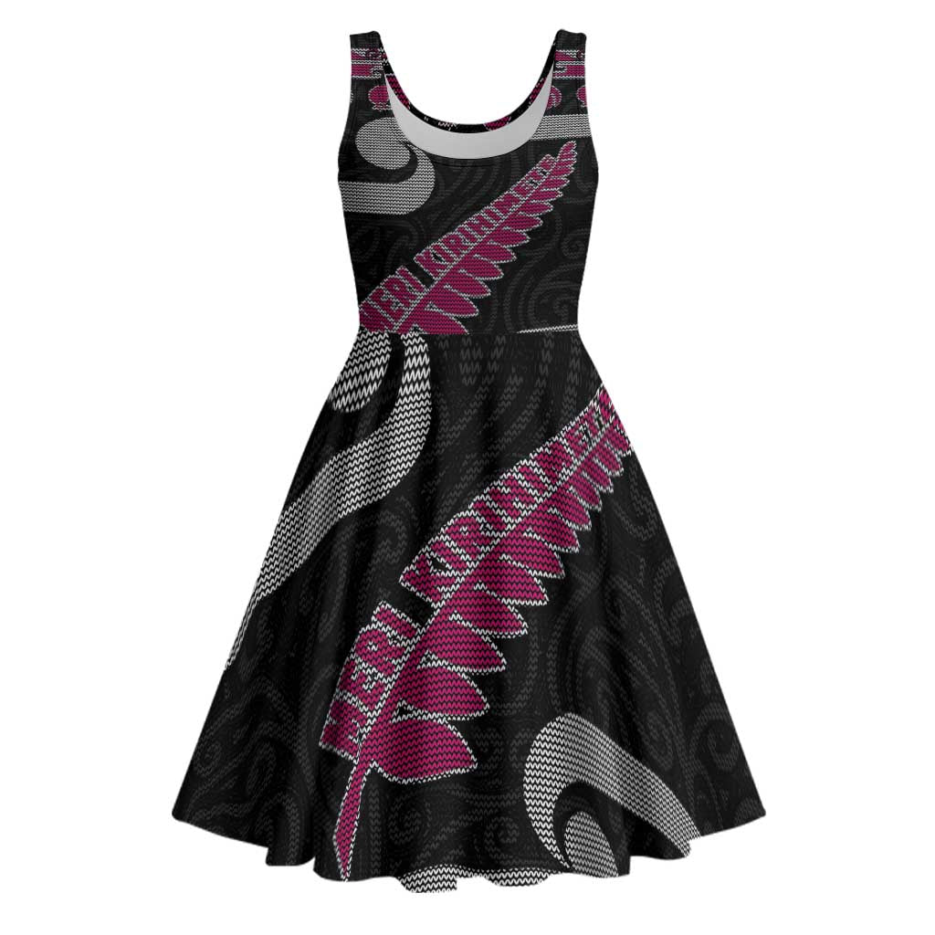 New Zealand Christmas Midi Dress Meri Kirihimete Silver Fern Knit Style Pink Color - Polynesian Pride