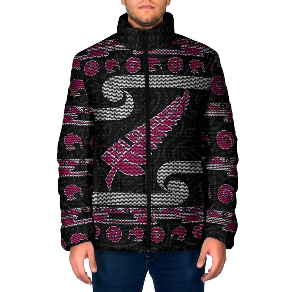 New Zealand Christmas Padded Jacket Meri Kirihimete Silver Fern Knit Style Pink Color - Polynesian Pride