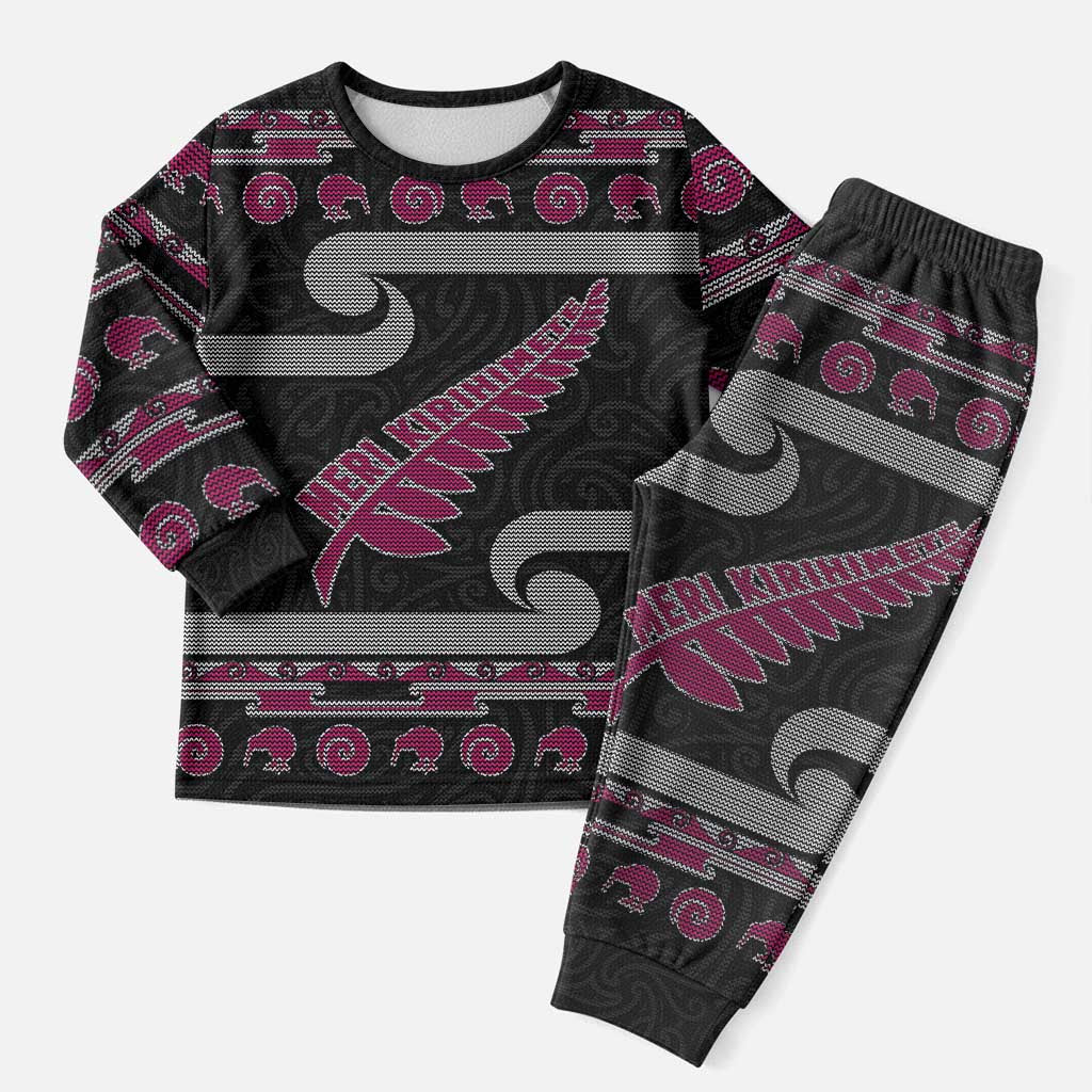 New Zealand Christmas Pajama Set Meri Kirihimete Silver Fern Knit Style Pink Color - Polynesian Pride