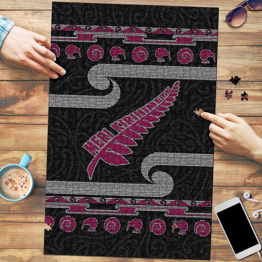 New Zealand Christmas Puzzle Meri Kirihimete Silver Fern Knit Style Pink Color - Polynesian Pride