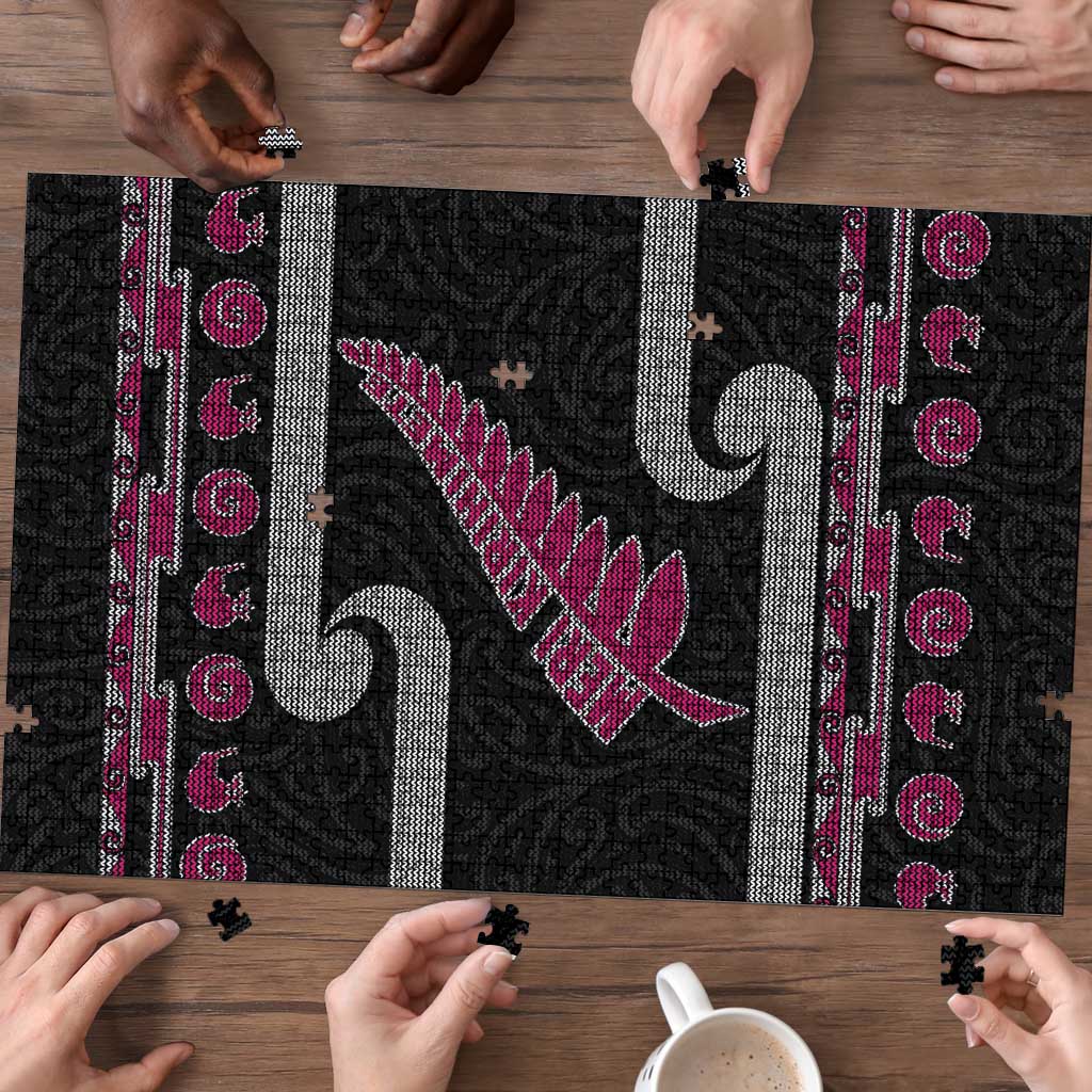 New Zealand Christmas Puzzle Meri Kirihimete Silver Fern Knit Style Pink Color - Polynesian Pride