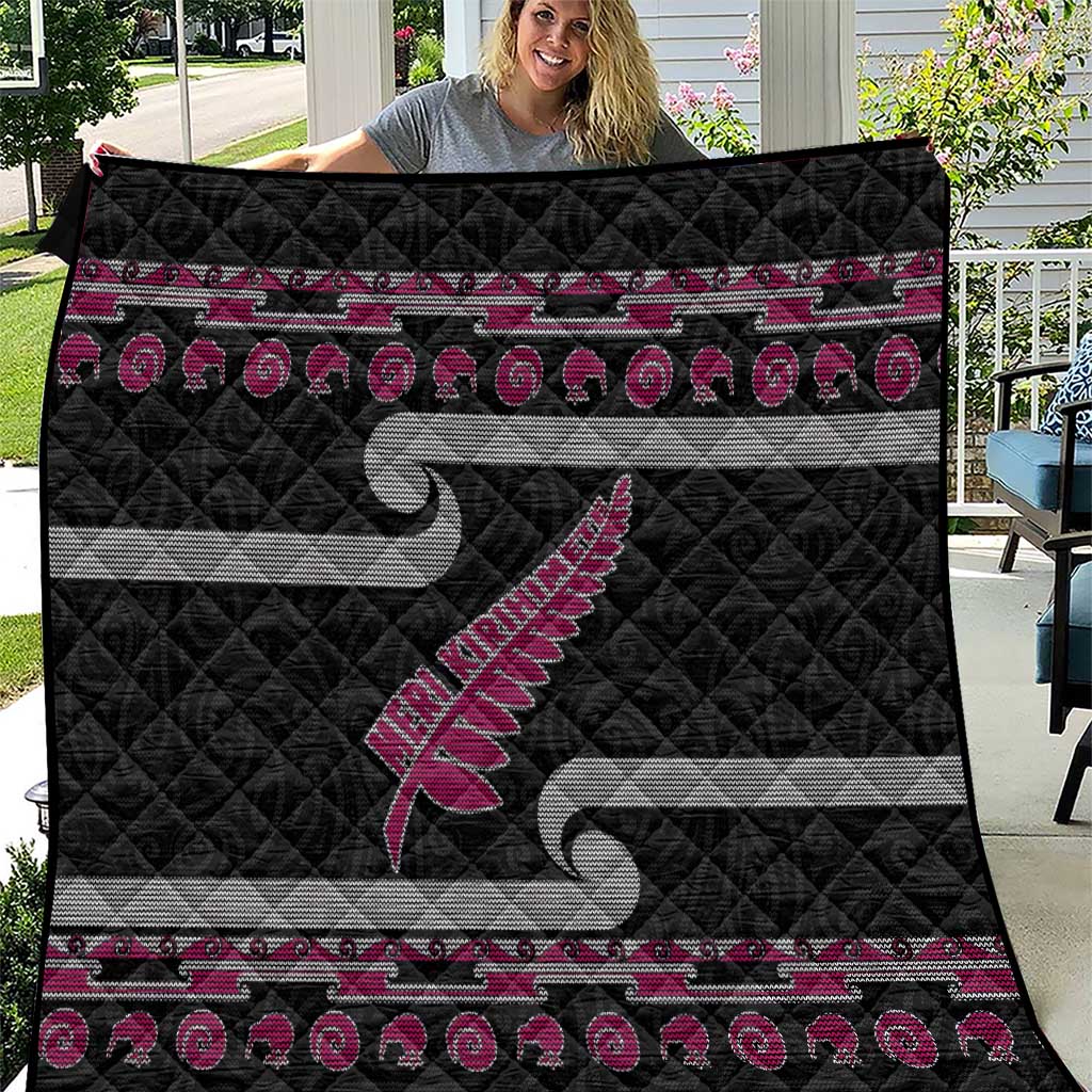 New Zealand Christmas Quilt Meri Kirihimete Silver Fern Knit Style Pink Color - Polynesian Pride