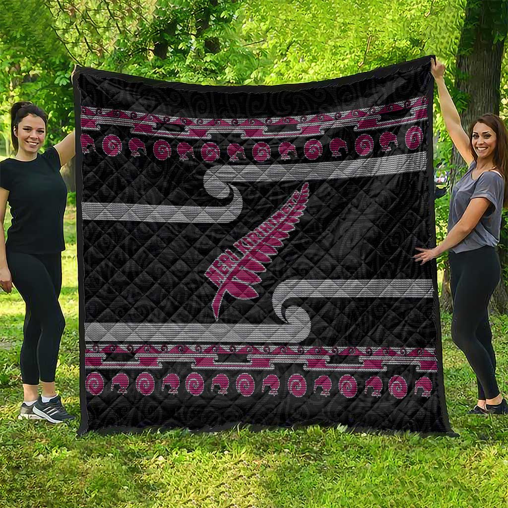 New Zealand Christmas Quilt Meri Kirihimete Silver Fern Knit Style Pink Color - Polynesian Pride