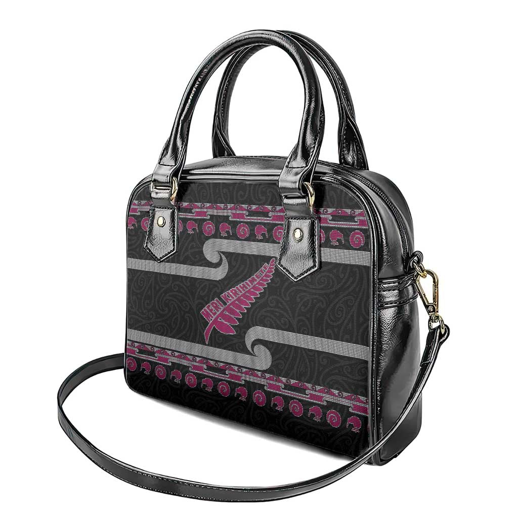 New Zealand Christmas Shoulder Handbag Meri Kirihimete Silver Fern Knit Style Pink Color - Polynesian Pride