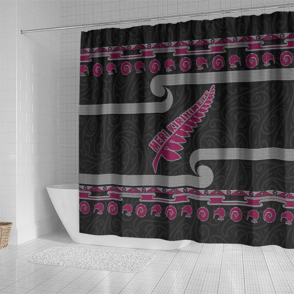 New Zealand Christmas Shower Curtain Meri Kirihimete Silver Fern Knit Style Pink Color - Polynesian Pride