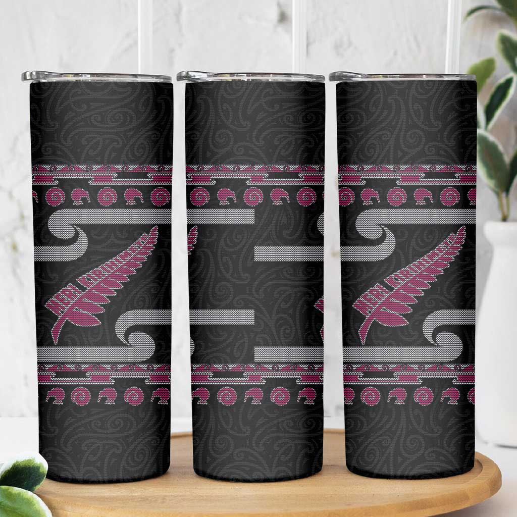 New Zealand Christmas Skinny Tumbler Meri Kirihimete Silver Fern Knit Style Pink Color - Polynesian Pride