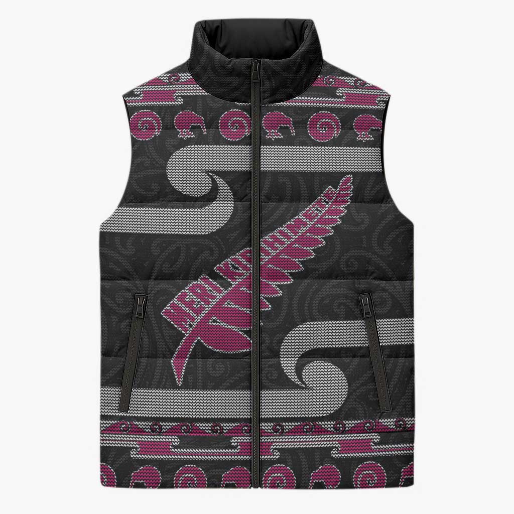 New Zealand Christmas Sleeveless Puffer Jacket Meri Kirihimete Silver Fern Knit Style Pink Color - Polynesian Pride