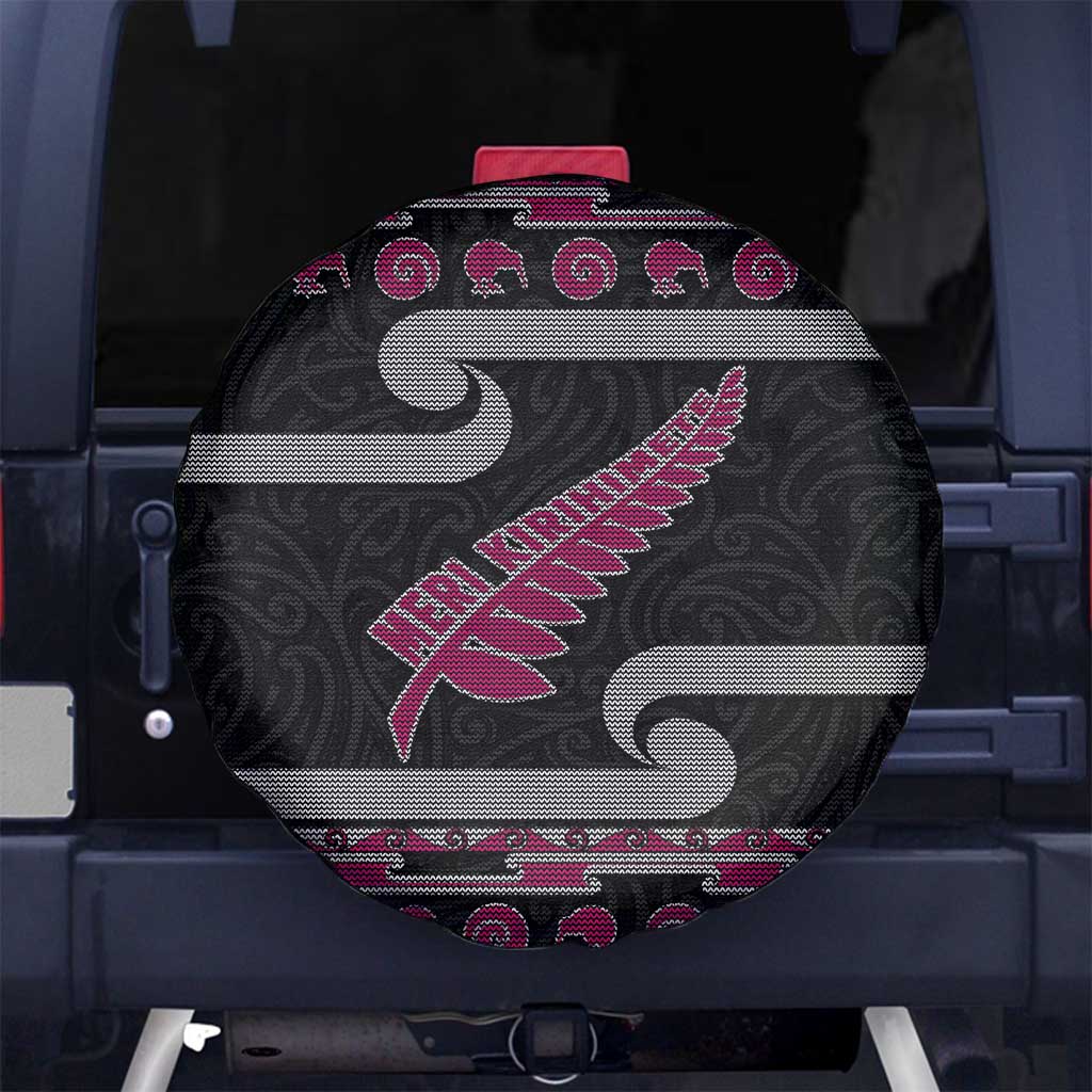 New Zealand Christmas Spare Tire Cover Meri Kirihimete Silver Fern Knit Style Pink Color - Polynesian Pride