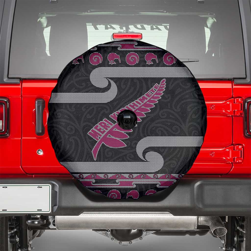 New Zealand Christmas Spare Tire Cover Meri Kirihimete Silver Fern Knit Style Pink Color - Polynesian Pride