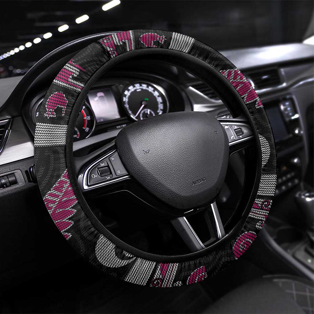 New Zealand Christmas Steering Wheel Cover Meri Kirihimete Silver Fern Knit Style Pink Color - Polynesian Pride