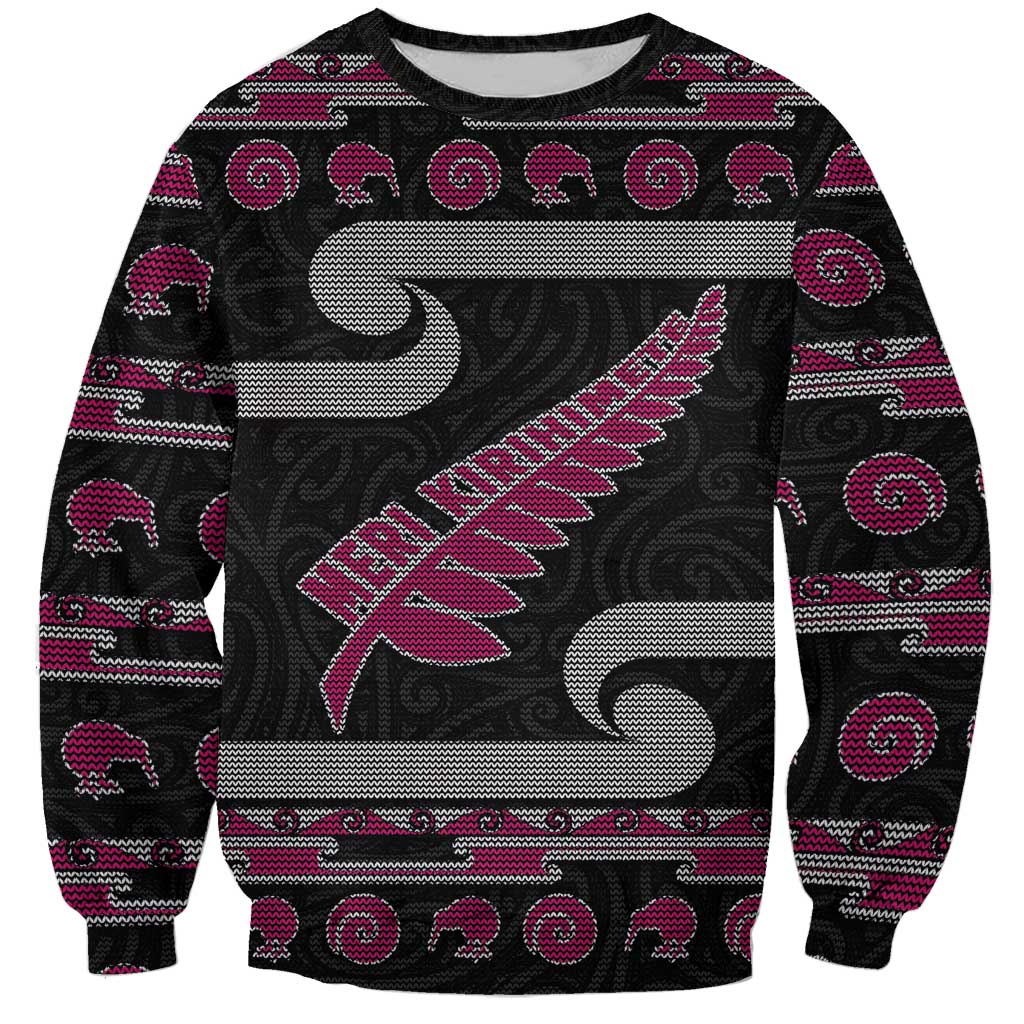 New Zealand Christmas Sweatshirt Meri Kirihimete Silver Fern Knit Style Pink Color - Polynesian Pride