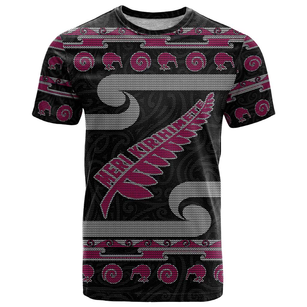New Zealand Christmas T Shirt Meri Kirihimete Silver Fern Knit Style Pink Color - Polynesian Pride