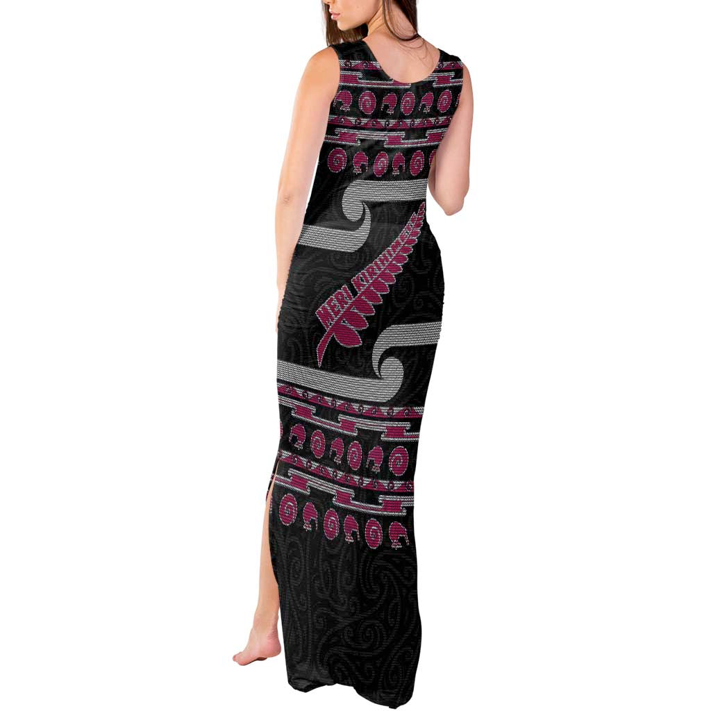 New Zealand Christmas Tank Maxi Dress Meri Kirihimete Silver Fern Knit Style Pink Color - Polynesian Pride