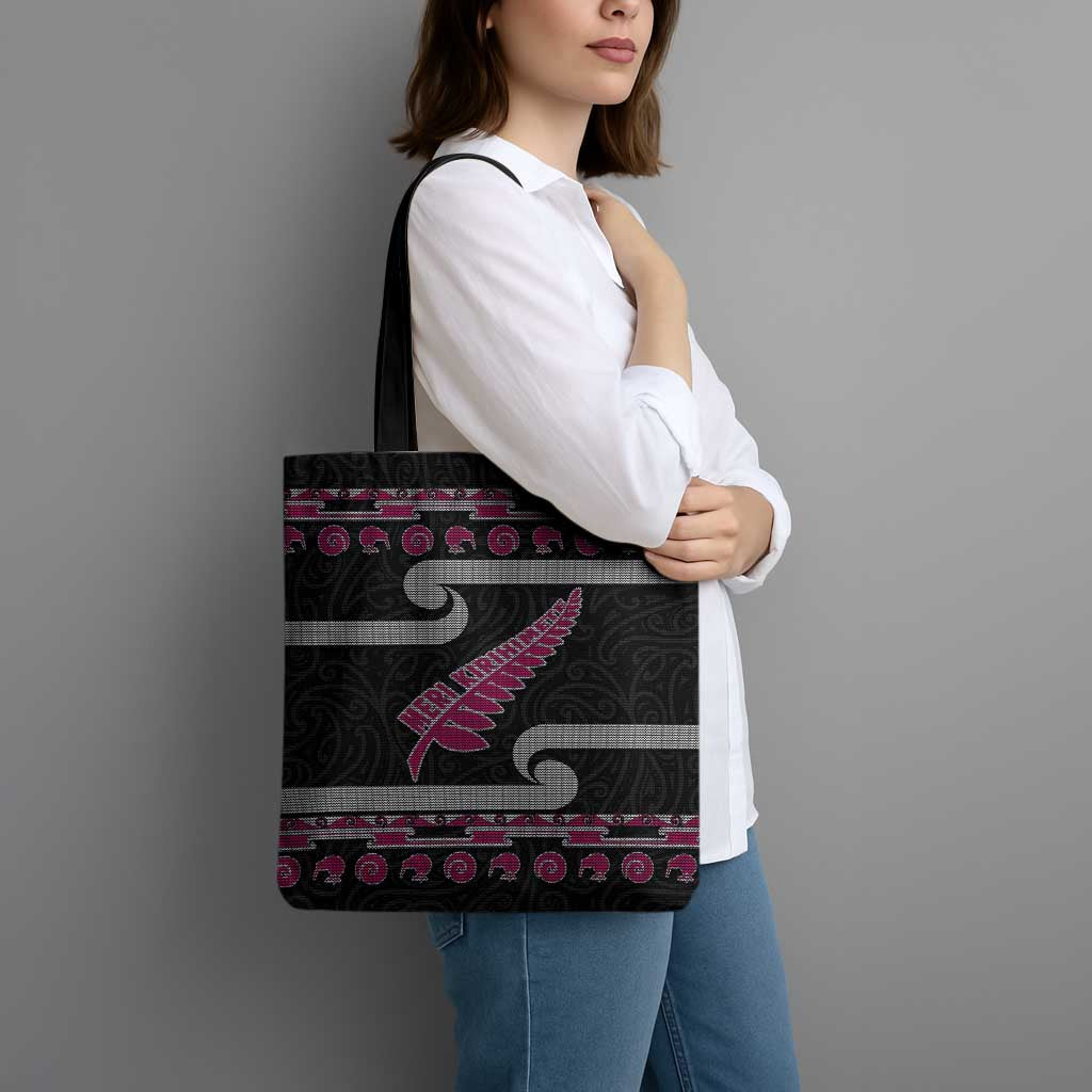 New Zealand Christmas Tote Bag Meri Kirihimete Silver Fern Knit Style Pink Color - Polynesian Pride