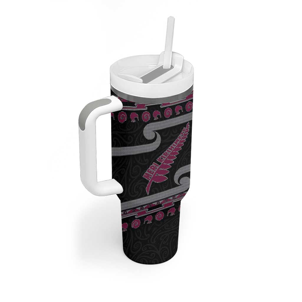 New Zealand Christmas Tumbler With Handle Meri Kirihimete Silver Fern Knit Style Pink Color - Polynesian Pride