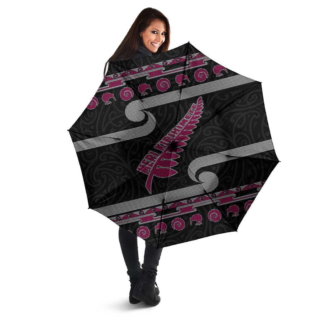 New Zealand Christmas Umbrella Meri Kirihimete Silver Fern Knit Style Pink Color - Polynesian Pride