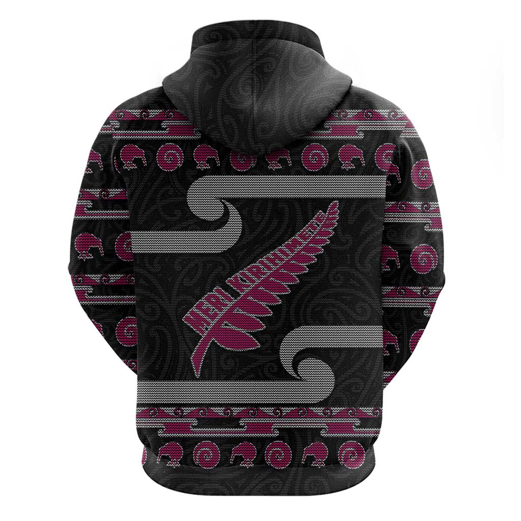 New Zealand Christmas Zip Hoodie Meri Kirihimete Silver Fern Knit Style Pink Color - Polynesian Pride