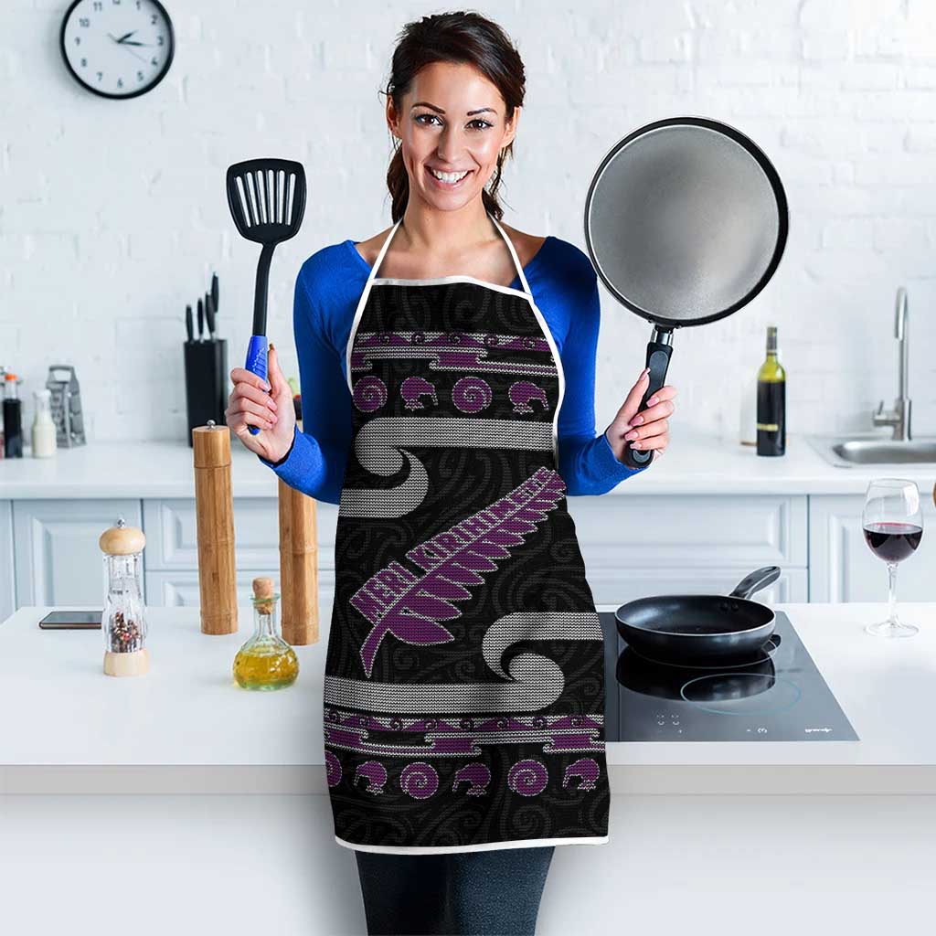 New Zealand Christmas Apron Meri Kirihimete Silver Fern Knit Style Purple Color - Polynesian Pride