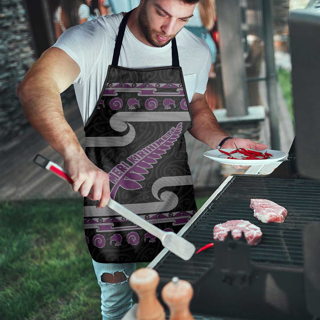 New Zealand Christmas Apron Meri Kirihimete Silver Fern Knit Style Purple Color - Polynesian Pride
