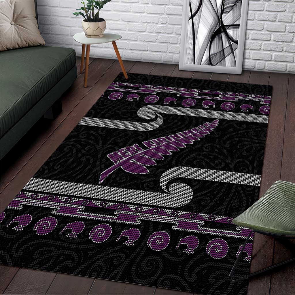 New Zealand Christmas Area Rug Meri Kirihimete Silver Fern Knit Style Purple Color - Polynesian Pride