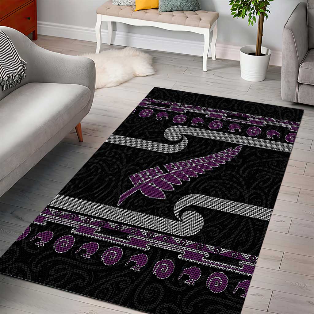 New Zealand Christmas Area Rug Meri Kirihimete Silver Fern Knit Style Purple Color - Polynesian Pride