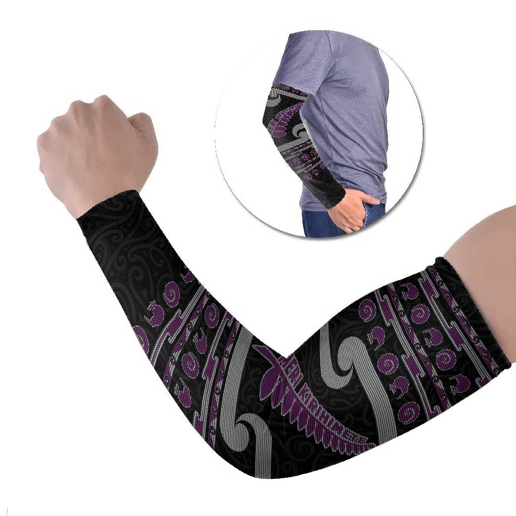 New Zealand Christmas Arm Sleeves Meri Kirihimete Silver Fern Knit Style Purple Color - Polynesian Pride