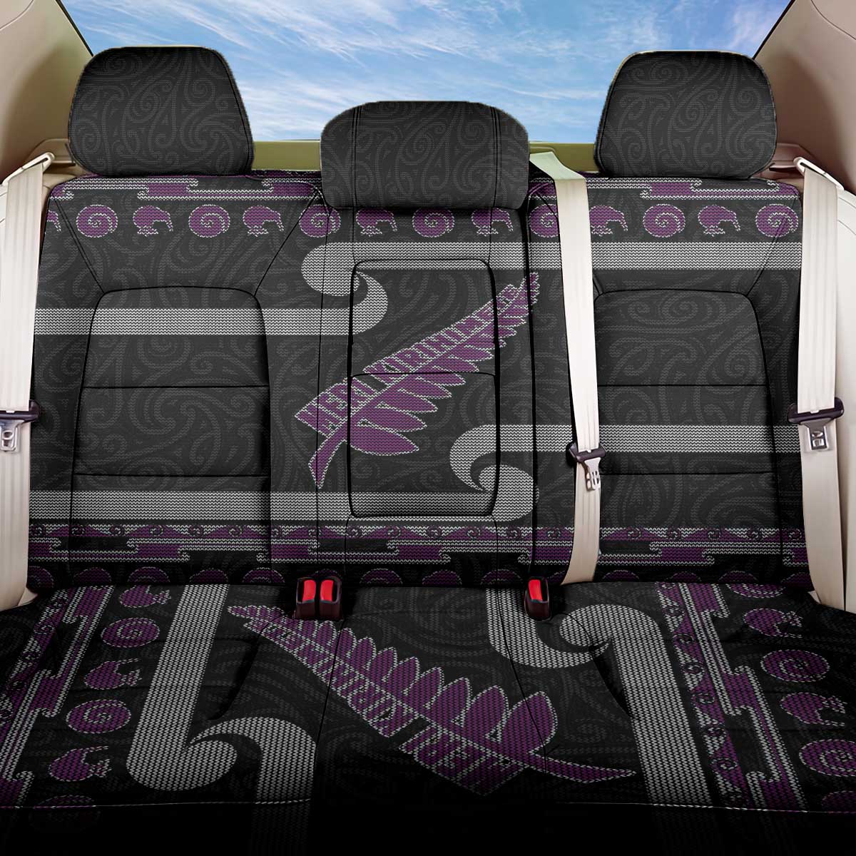 New Zealand Christmas Back Car Seat Cover Meri Kirihimete Silver Fern Knit Style Purple Color - Polynesian Pride