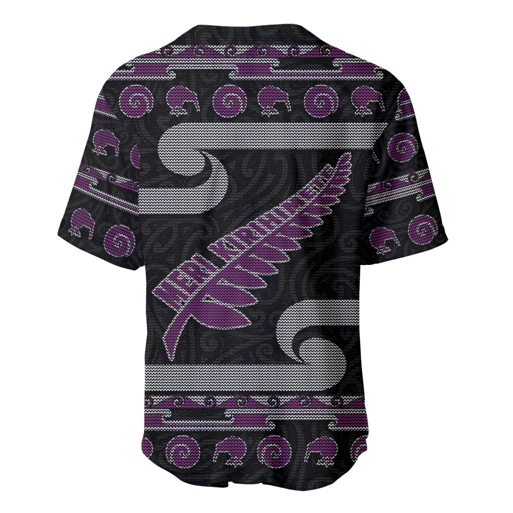 New Zealand Christmas Baseball Jersey Meri Kirihimete Silver Fern Knit Style Purple Color - Polynesian Pride