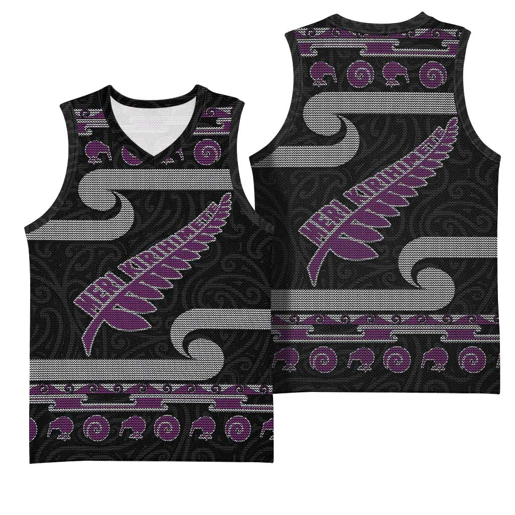 New Zealand Christmas Basketball Jersey Meri Kirihimete Silver Fern Knit Style Purple Color - Polynesian Pride