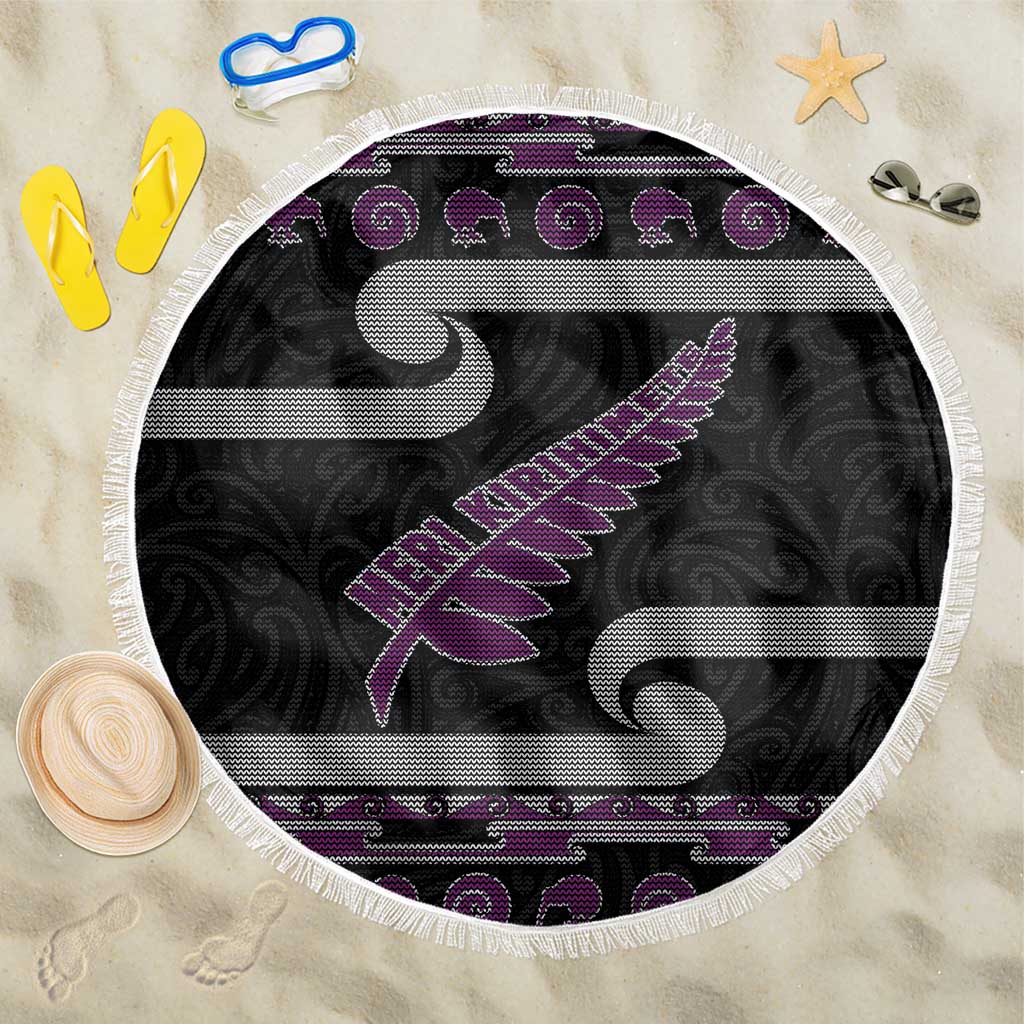 New Zealand Christmas Beach Blanket Meri Kirihimete Silver Fern Knit Style Purple Color - Polynesian Pride