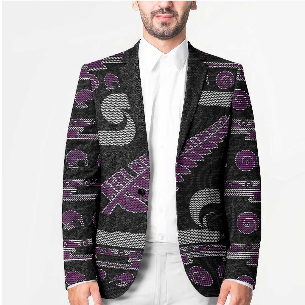 New Zealand Christmas Blazer Meri Kirihimete Silver Fern Knit Style Purple Color - Polynesian Pride
