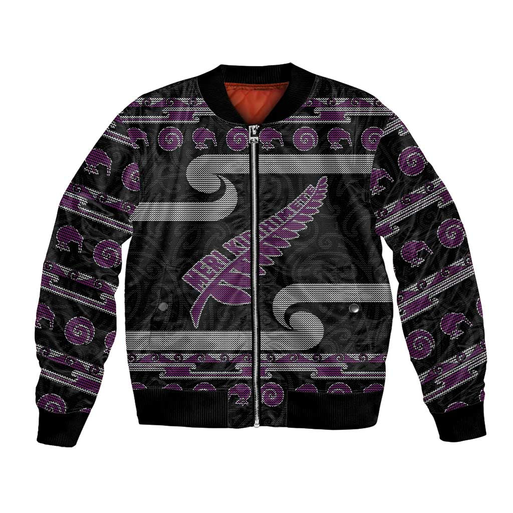 New Zealand Christmas Bomber Jacket Meri Kirihimete Silver Fern Knit Style Purple Color - Polynesian Pride